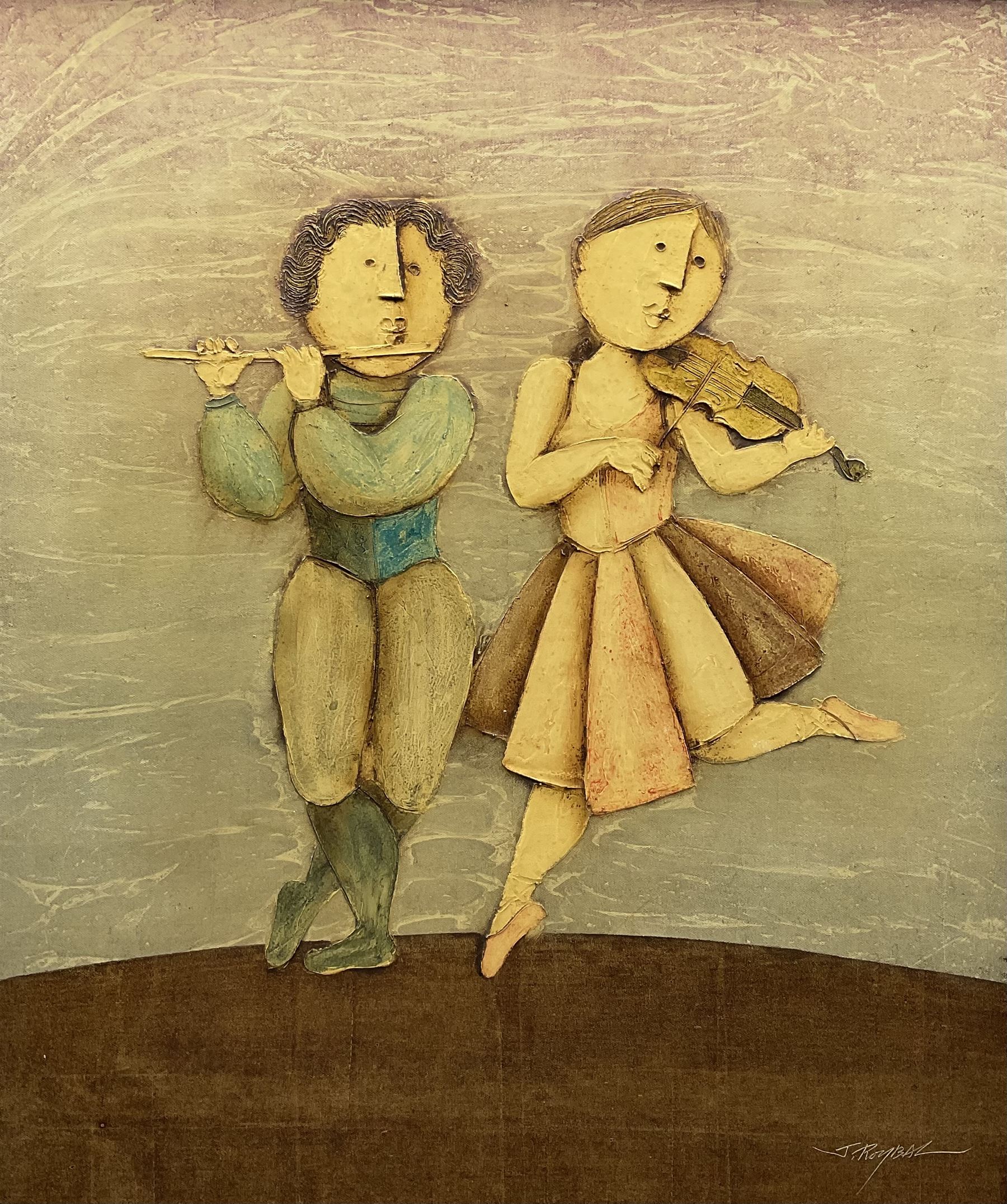 Joyce Roybal (Italian 1955-): The Musicians, oil on canvas signed 60cm x 50cm