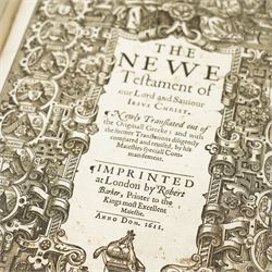 1611 King James Bible: The Great 'He' Bible. 'The Holy Bible Conteyning the Old Testament and the New'. London: Robert Barker, 1611. Folio (44cm × 29cm) Black-letter text in double columns, woodcut initials and ornaments, genealogies of Holy Scripture with engraved Adam and Eve family tree, and the separate engraved title to 'The Newe Testament of our Lord and Saviour Iesus Christ, dated 1611. Bound in full calf with ribbed spine.

First edition, first issue of the King James 'He' Bible, containing the erroneous reading 'and he went into the citie' in Ruth 3:15. Commissioned by King James I and printed by Robert Barker, this monumental translation became the most influential work in the English language, shaping its religious and literary tradition for more than four centuries.