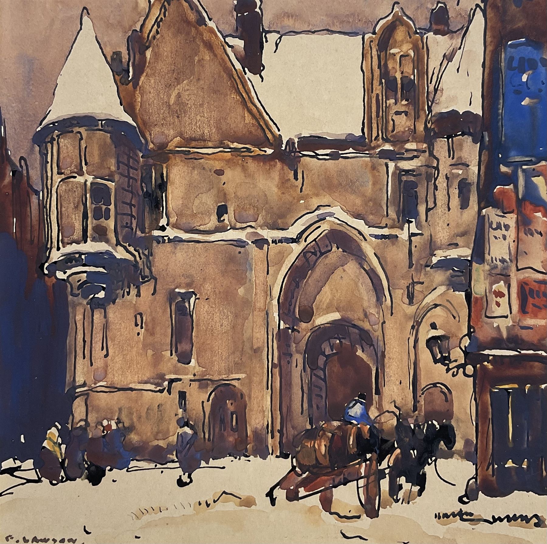 Frederick (Fred) Lawson (British 1888-1968): Snow on the Hôtel de Sens - Paris, gouache and watercolour signed 12.5cm x 12.5cm 