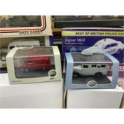 Eight Vanguards die-cast models by Corgi, Hornby and Lledo including Land Rovers, Ford Anglia and Triumph; together with thirteen other modern die-cast models by Bburago, Oxford, Atlas, EFE, Solido etc; all boxed; and small quantity of unboxed and playworn models
