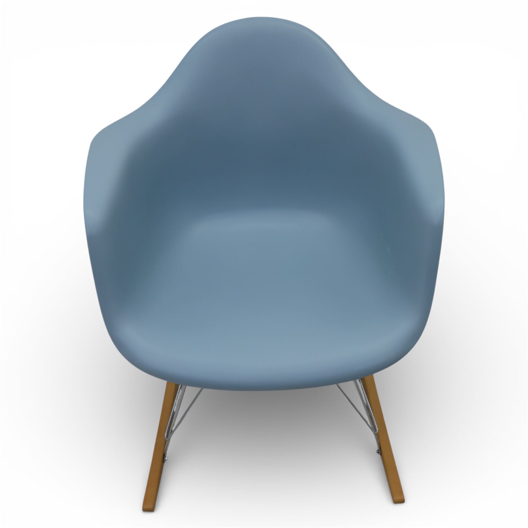 Vitra - RAR rocking chair, moulded plastic shell in ice grey with integrated arms, raised on chrome wire supports with stained wooden rocking runners