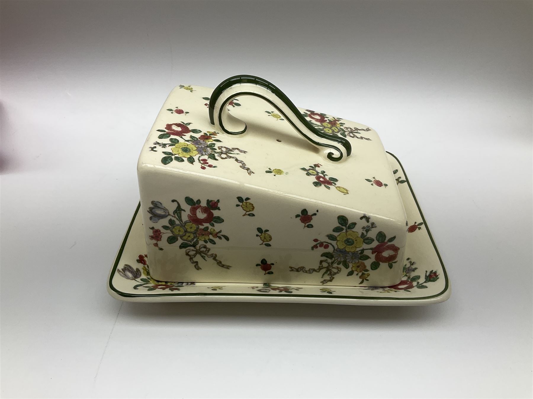 Royal Doulton part dinner service in Old Leeds Sprays pattern,  to include cheese dome, teapot and stand, egg cups etc, together with a selection of floral doilies.  