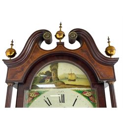 Samuel Ritchie of Forfar - William IV 8-day Scottish longcase clock in a mahogany case, with a swans neck pediment, brass paterae and three ball and spire brass finials, case and trunk inlaid with satinwood stringing on a plinth raised on decorative bracket feet, painted break arch dial depicting a costal scene to the break arch and conch seashells to the spandrels, Roman numerals, subsidiary seconds and date dials with matching steel hands, with a rack striking movement striking the hours on a bell. With weights, key, and pendulum.  Samuel Ritchie is recorded as working in Forfar 1800-37.