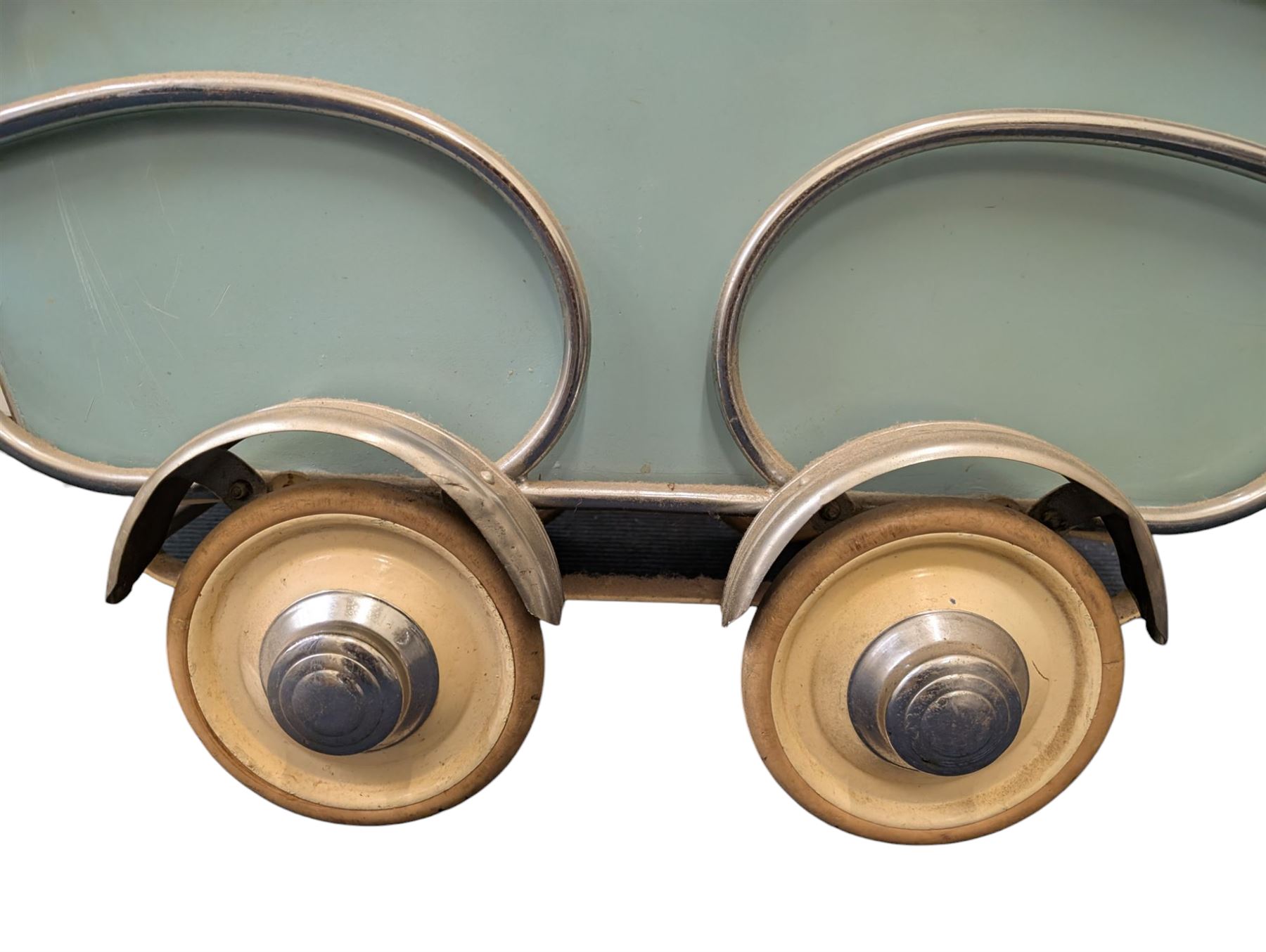 Mid 20th century Dutch baby pram/stroller, with wooden teal sides and chrome chassis, with retailers label for Mors Ouderwetse Kinderwagens, handle H100cm, L130cm