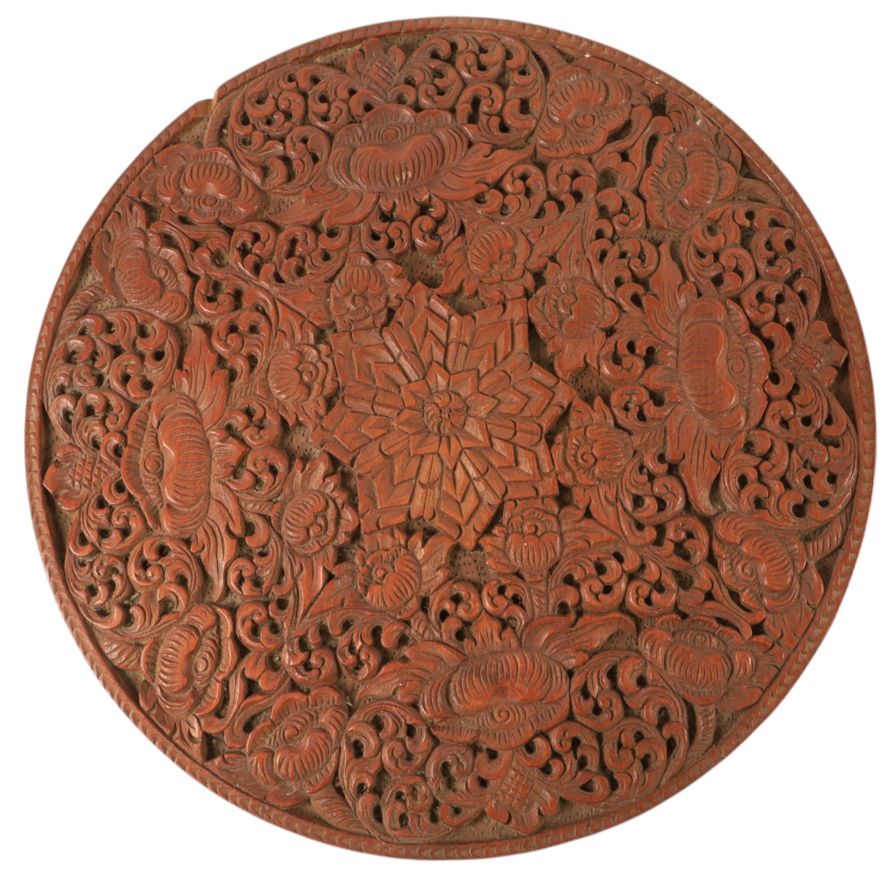 Carved side table, the top carved in relief with leaves and foliage, with folding legs, H53cm