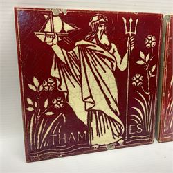 Pair of Maw & Co Benthall Works tiles, each depicting classical figures with fishing and shipping details, one inscribed Thames, the other Clyde, upon a red lustre ground, with raised marks verso, H15.2cm