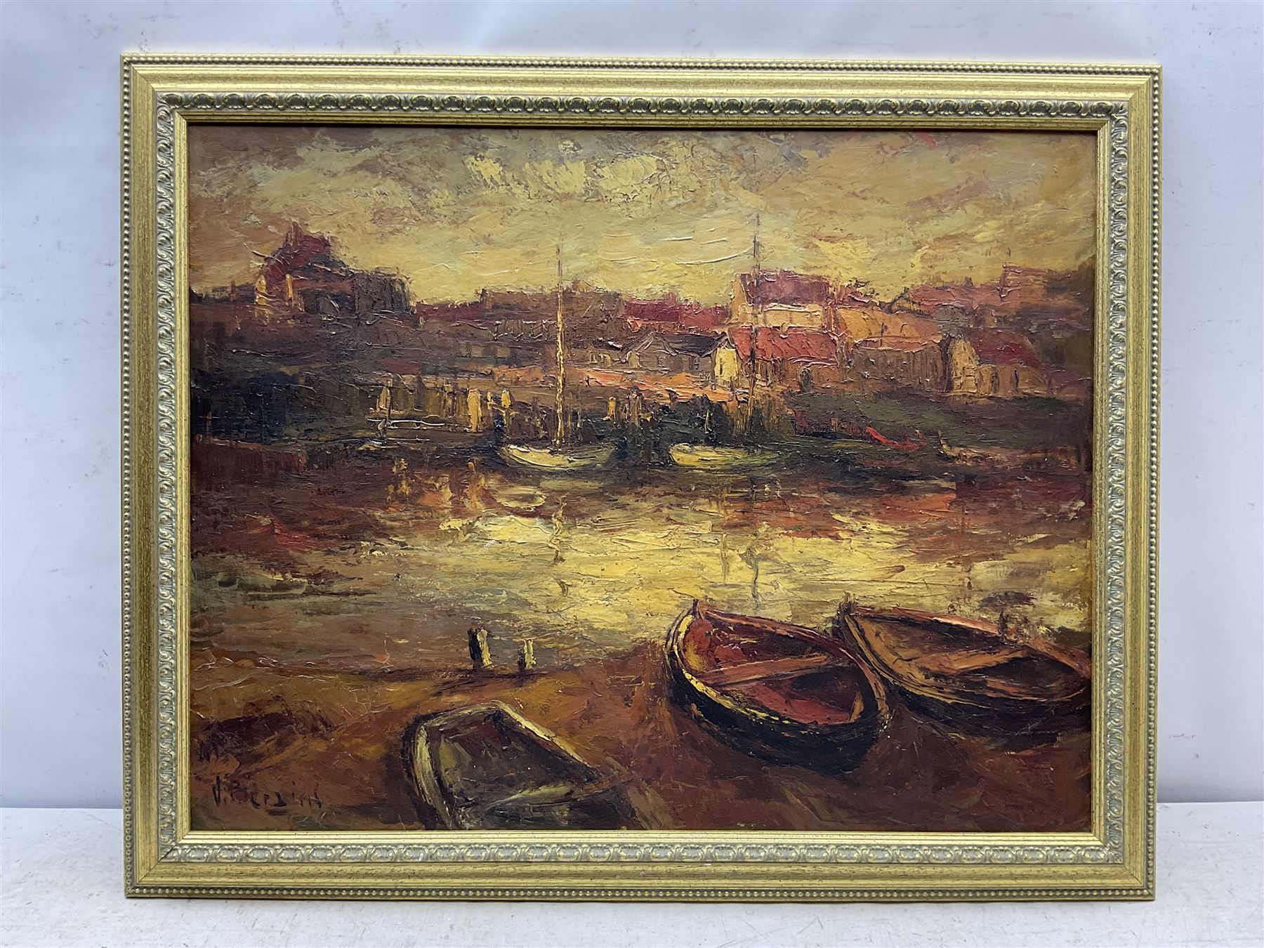 Valter Berzins (Latvian 1925-2009): Harbour scene at Dusk, oil on board signed 57cm x 74cm