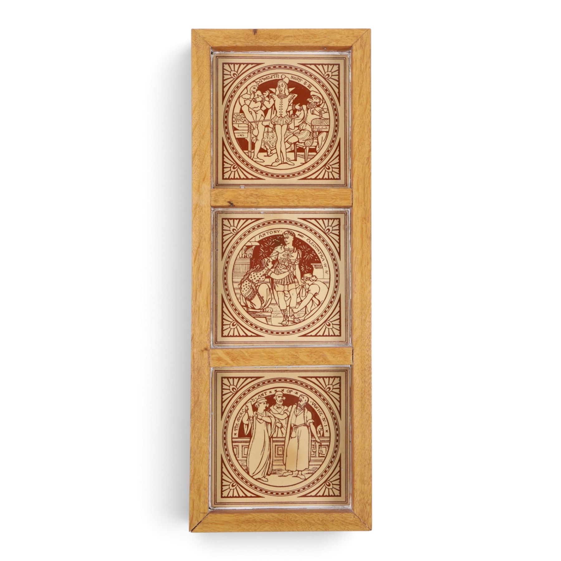 Three Minton Shakespeare tiles, framed, comprising Twelfth Night, Antony and Cleopatra and The Merchant of Venice, H55cm 