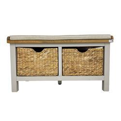 Roseland Farrow - oak and grey finish hallway bench with baskets and squab cushion 