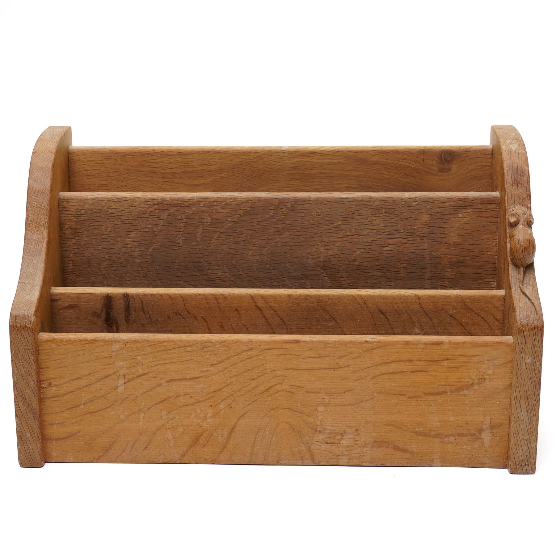 Mouseman -  oak letter rack, three tiered with carved mouse signature, by the workshop of Robert Thompson, Kilburn, W33cm