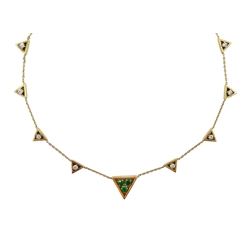  18ct gold three stone emerald and diamond necklace, each triangular link set with a diamond, the central link set with three emeralds, hallmarked  