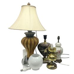 Brass oil lamp converted to electricity, together with three other lamps 