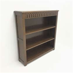 Oak open bookcase, two shelves, stile supports, W92cm, H95cm, D24cm