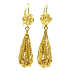  Pair of 18ct gold filigree pendant ear-rings, stamped 750   
