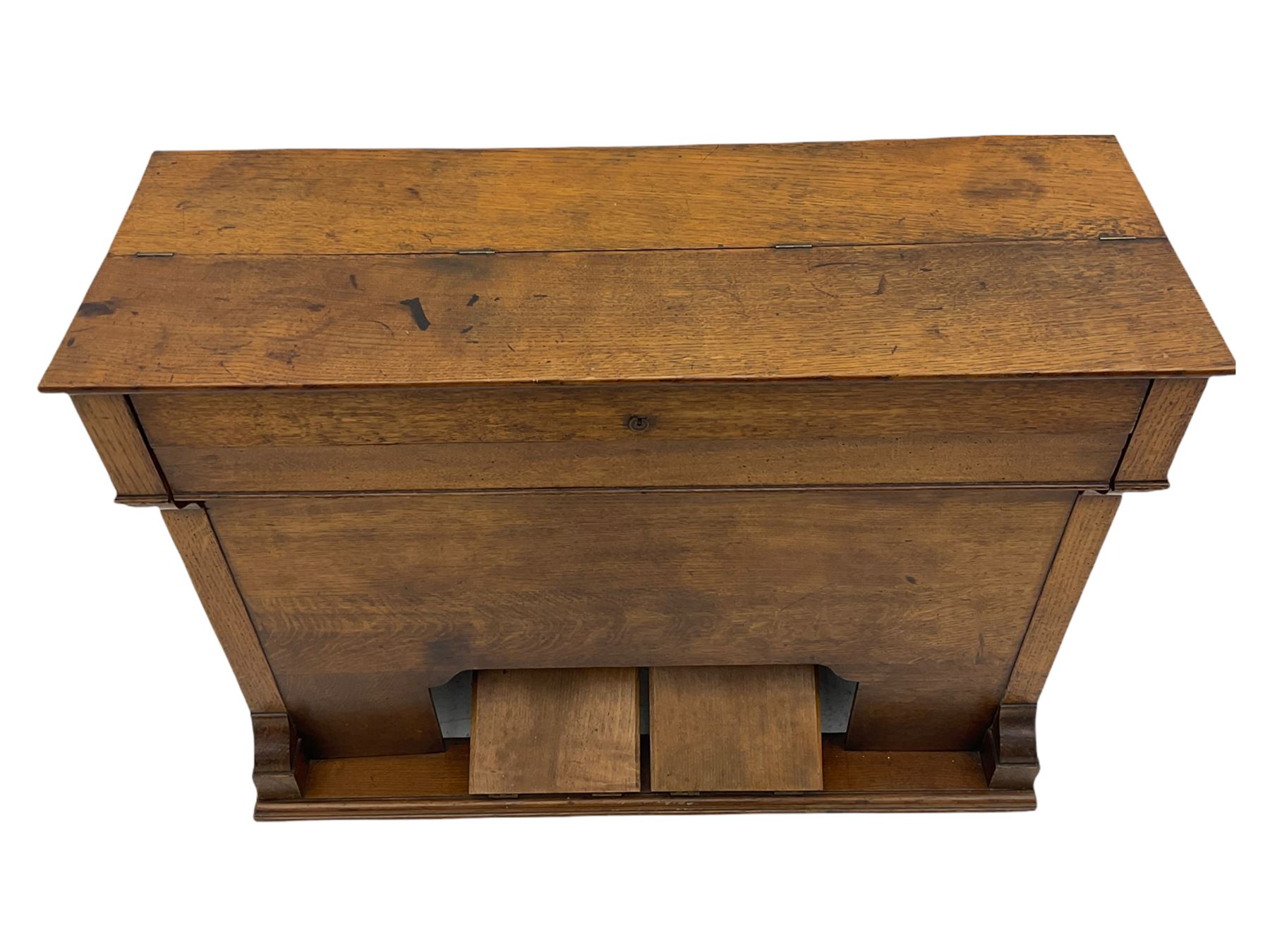 19th century oak cased harmonium, twin pedal pump mechanism