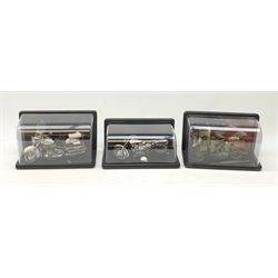 Three Franklin Mint die-cast models of Harley Davidson motorcycles comprising 1948 FL The First Panhead, Police Patrol and 1942 WLA Military, all boxed with paperwork; together with three boxed ebonised and plastic display cases (6)