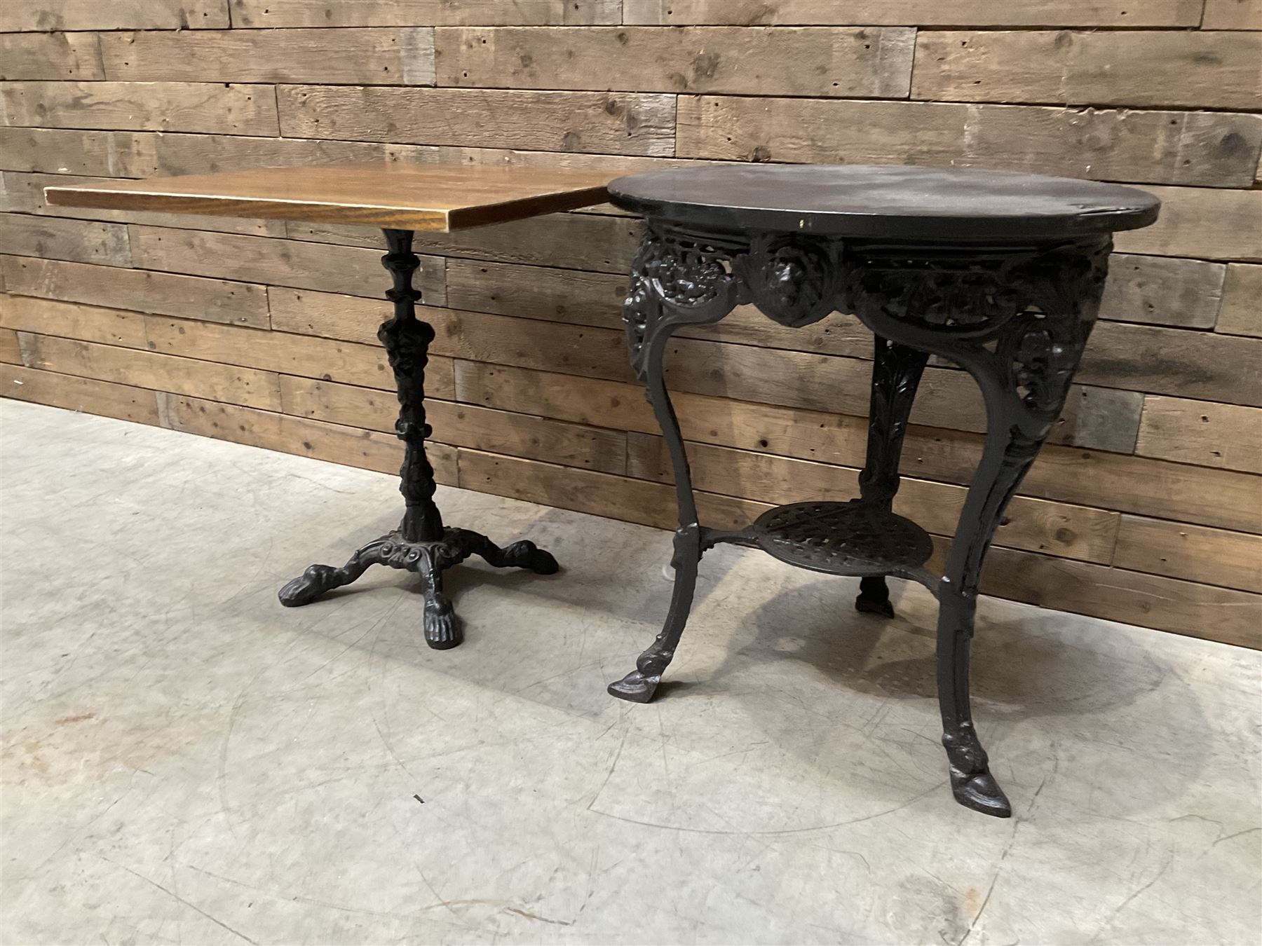 19th century cast iron Coalbrookdale design table with circular top (D66cm, H74cm) and a cast iron pedestal table with square top (W69cm, D70cm, H72cm)