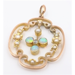  Early 20th century rose gold opal, seed pearl and diamond pendant tested 9ct   