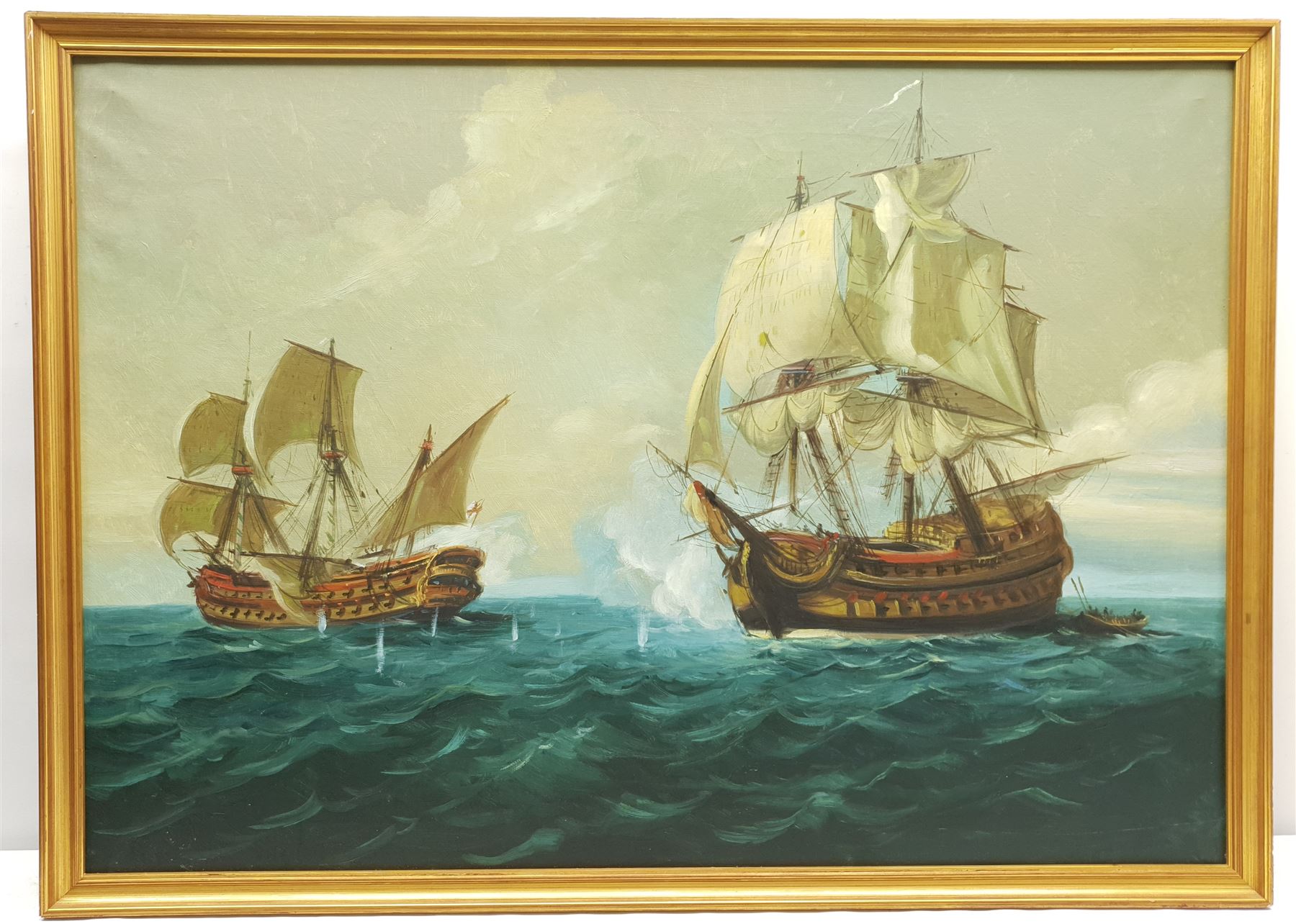 English School (20th century): Naval Battle, oil on canvas unsigned 64cm x 91cm
