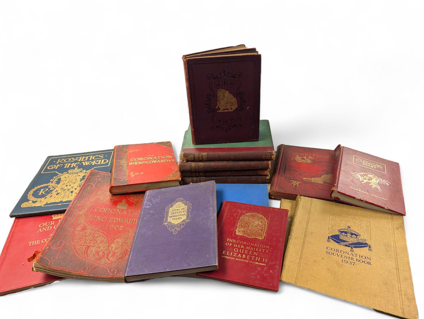 Collection of Victorian and later books, including two Punch volumes 1894 and four others, Coronation souvenir books and similar