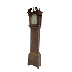 Thomas Wrangles -  early 19th-century oak longcase clock with a swans neck pendulum and three brass finials, glazed hood door flanked by two free standing pilasters, long trunk door with a break-arch top on a square plinth raised on bracket feet, painted dial inscribed T Wrangles Scarboro, dial pinned directly to a 30-hour chain driven count wheel movement striking the hours on a bell.
 With pendulum and weight. 