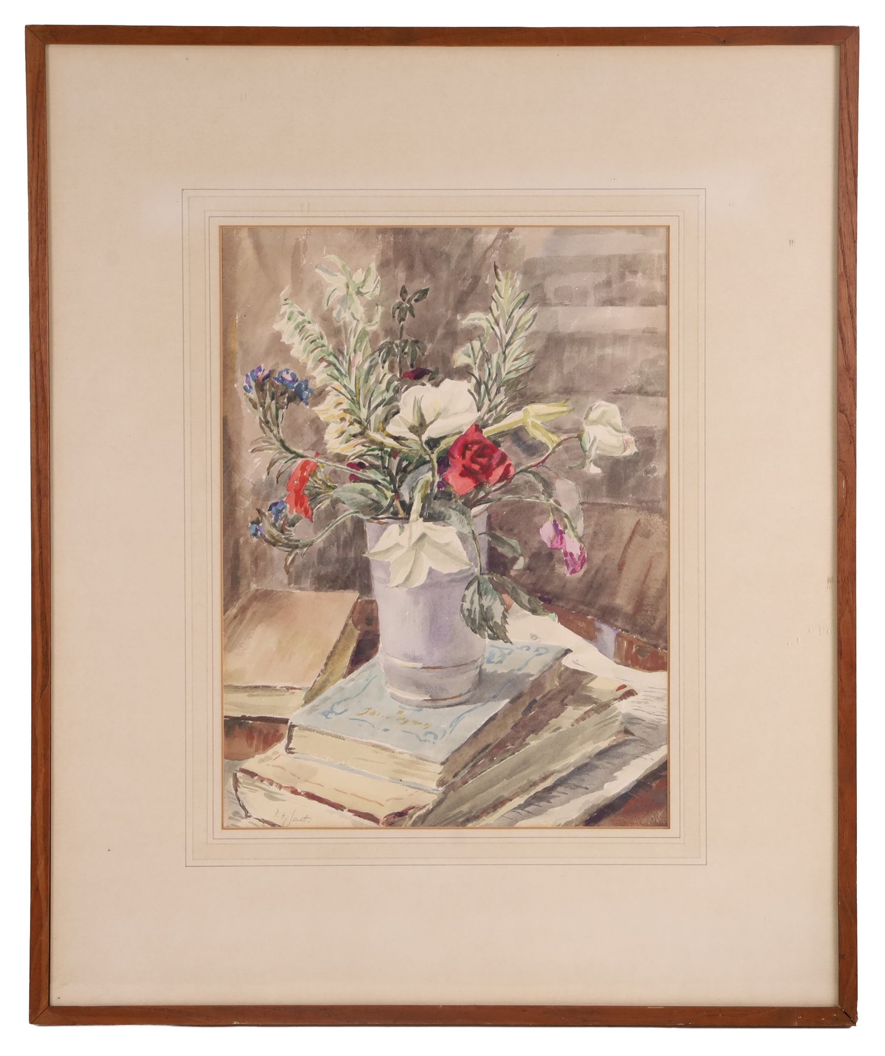 Percy Hague Jowett (British 1882-1955): Bouquet of Flowers on a Stack of Books, watercolour signed 40cm x 30cm