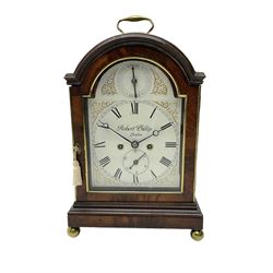 Robert Philip of London - English  late 19th century  8-day mahogany cased bracket clock, with a break-arch case and conforming glazed door, brass silk backed sound frets on a stepped plinth raised on ball feet, painted steel dial with with strike/silent and date dials, with Roman numerals, retailers name, minute markers and steel moon hands, twin train fusee movement striking the hours on a bell (with pull repeat}.