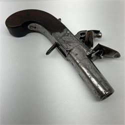 Late 18th century flintlock pocket pistol signed H. Nock London with 4cm turn-off barrel and drop down trigger, engraved lock plates, thumb safety and walnut bag stock L16cm overall