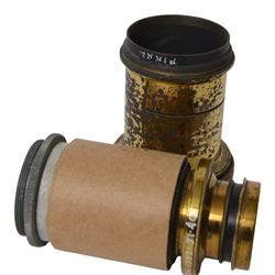 Seven 19th century and later brass camera lenses, including J. Lancaster & Son Rectigraph lens, Watson & Sons 8 1/2 x 6 1/2 lens, Dallmeyer lens and Wray London 5 x 4 lens