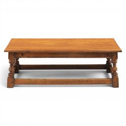 17th century style oak long joint stool, rectangular top with moulded edges, raised on tur...