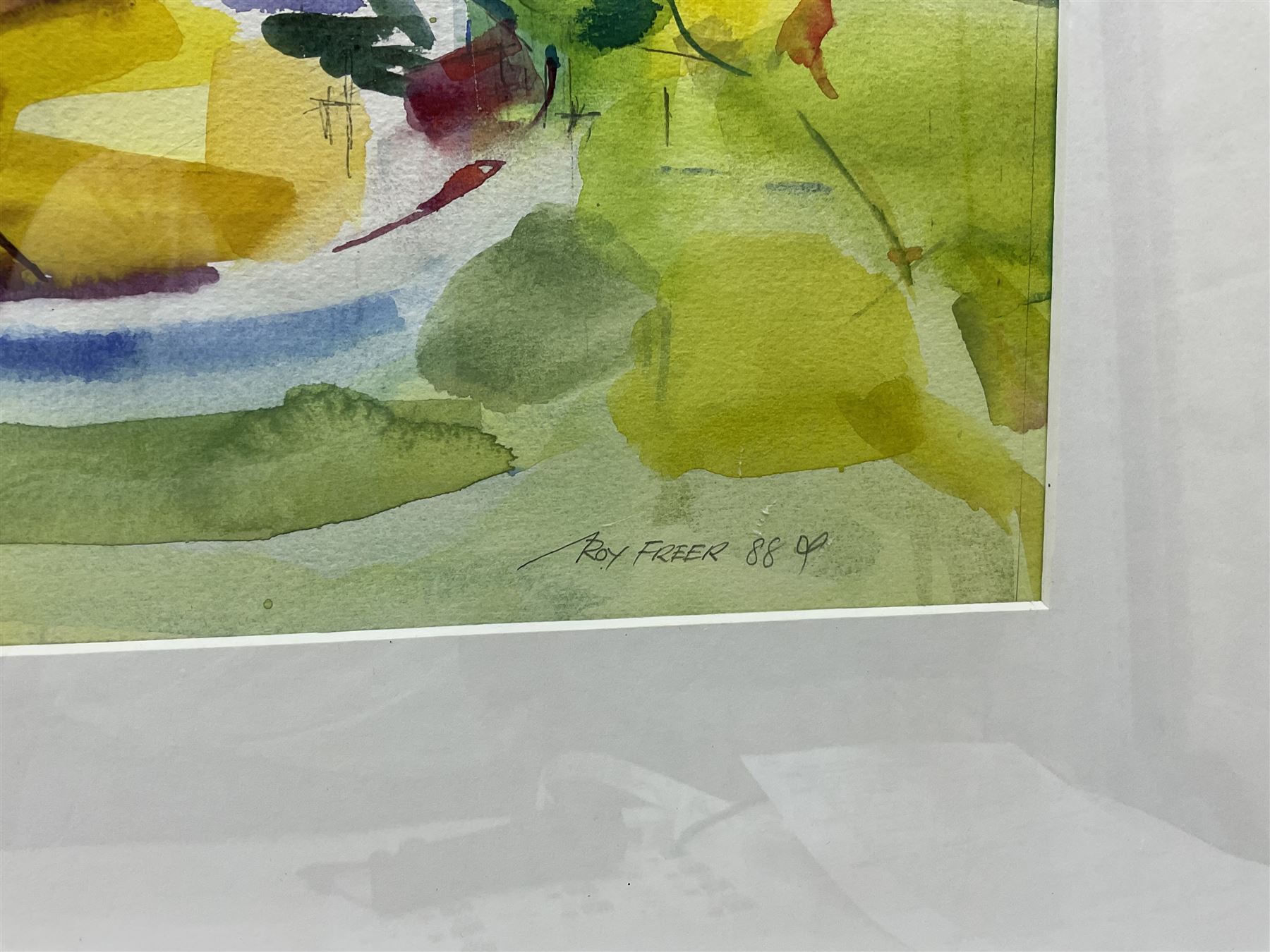 Roy Freer (British 1938-): 'Yellow Flowers/Green', watercolour signed and dated '88, titled verso 66cm x 49cm 