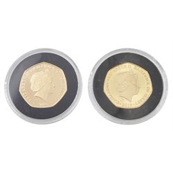 Queen Elizabeth II 'The Guernsey and Jersey Fifty Pence 50th Anniversary Gold Proof Pair', comprising two 22ct gold proof fifty pence coins dated 2019, each coin weighs 12gm, cased with certificate