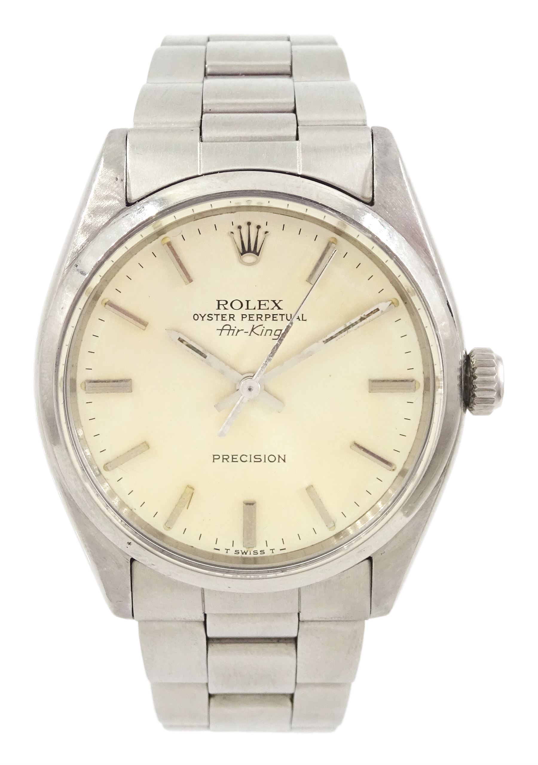 Rolex Oyster Perpetual Air-King Precision gentleman's automatic wristwatch, circa 1958, Ref. 5500, serial No. 368901, silvered dial with baton hour markers, on Rolex Oyster stainless steel strap with fold-over clasp, in Rolex after sales service box