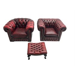 Pair Chesterfield armchairs, upholstered in buttoned oxblood leather with studwork, on castors; and matching stool raised on cabriole supports