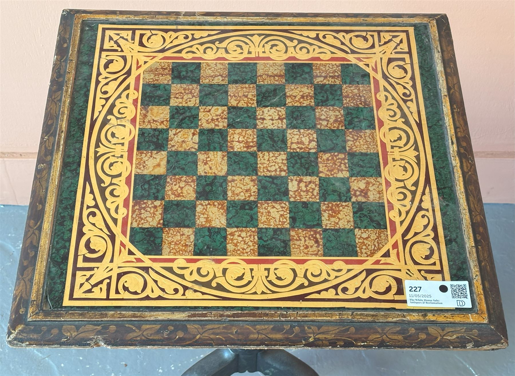 Victorian games table, the top inset with a verre églomisé chess board top, above a frieze fitted with one drawer and having gilt painted scrolling decoration, raised on a ring turned baluster column and triple splay supports. H72cm, 50cm x 47cm.  - COLLECTION BY APPOINTMENT FROM: The White House, Thirsk Road, Easingwold, York, YO61 3NF - CALL 01723 507111 TO ARRANGE
