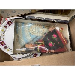 Pair of silver plate and cut glass decanters, together with Burleigh ware dinner wares and other collectables, in two boxes 