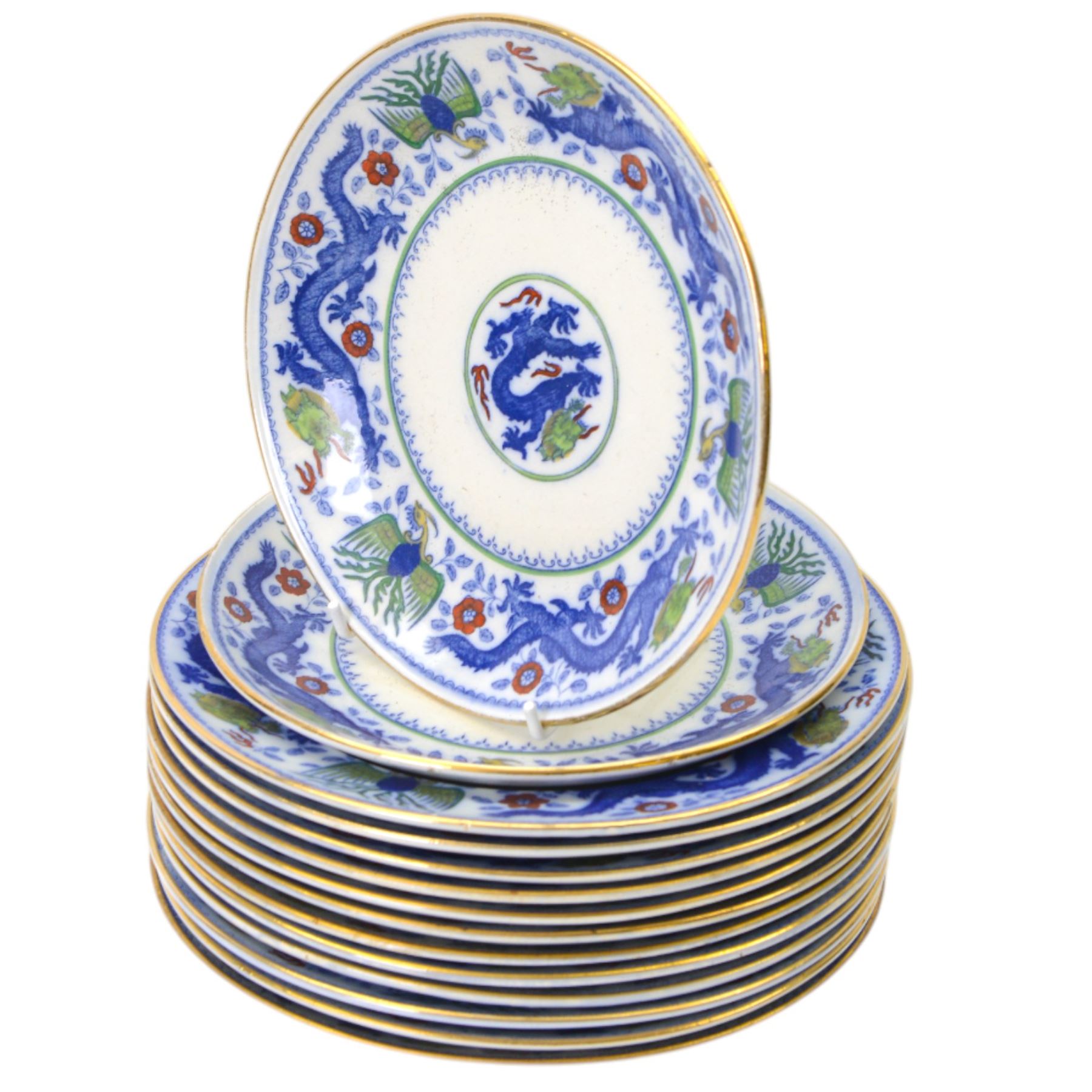 Minton Chinese Dragon and Bird pattern dinner service for twelve, including dinner plates, soup bowls, side plates in two sizes, covered serving dishes, platters etc 