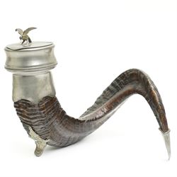 Ram's horn snuff mull with lidded pewter mull with eagle lift H23cm