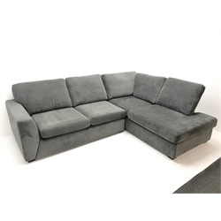  Four seat corner sofa, upholstered in a steel grey fabric (W260cm, D200cm) a matching armchair (W102cm) and footstool (3) - 12 months old  