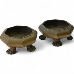 Pair of 19th century, bronze platers, possibly Japanese, of squat cauldron octagonal form, upon four paw feet, H11cm 