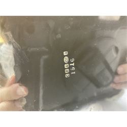 Oval silver plate twin handled tray, egg and dart edge, engraved with floral springs surrounding an central inscription, L65cm