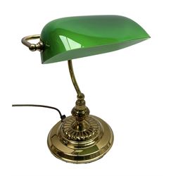 Brass bankers lamp with green glass shade, H34cm