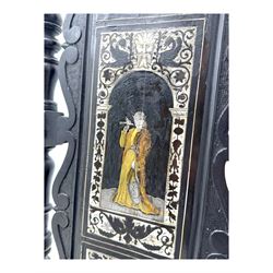 19th century Italian ebonised side chair, the backrest inlaid with bone and decorated with a painted figure in Renaissance dress within an arched reserve, flanked by turned supports and scrolled cresting, the seat and frieze similarly inlaid, raised on turned legs with shaped stretchers