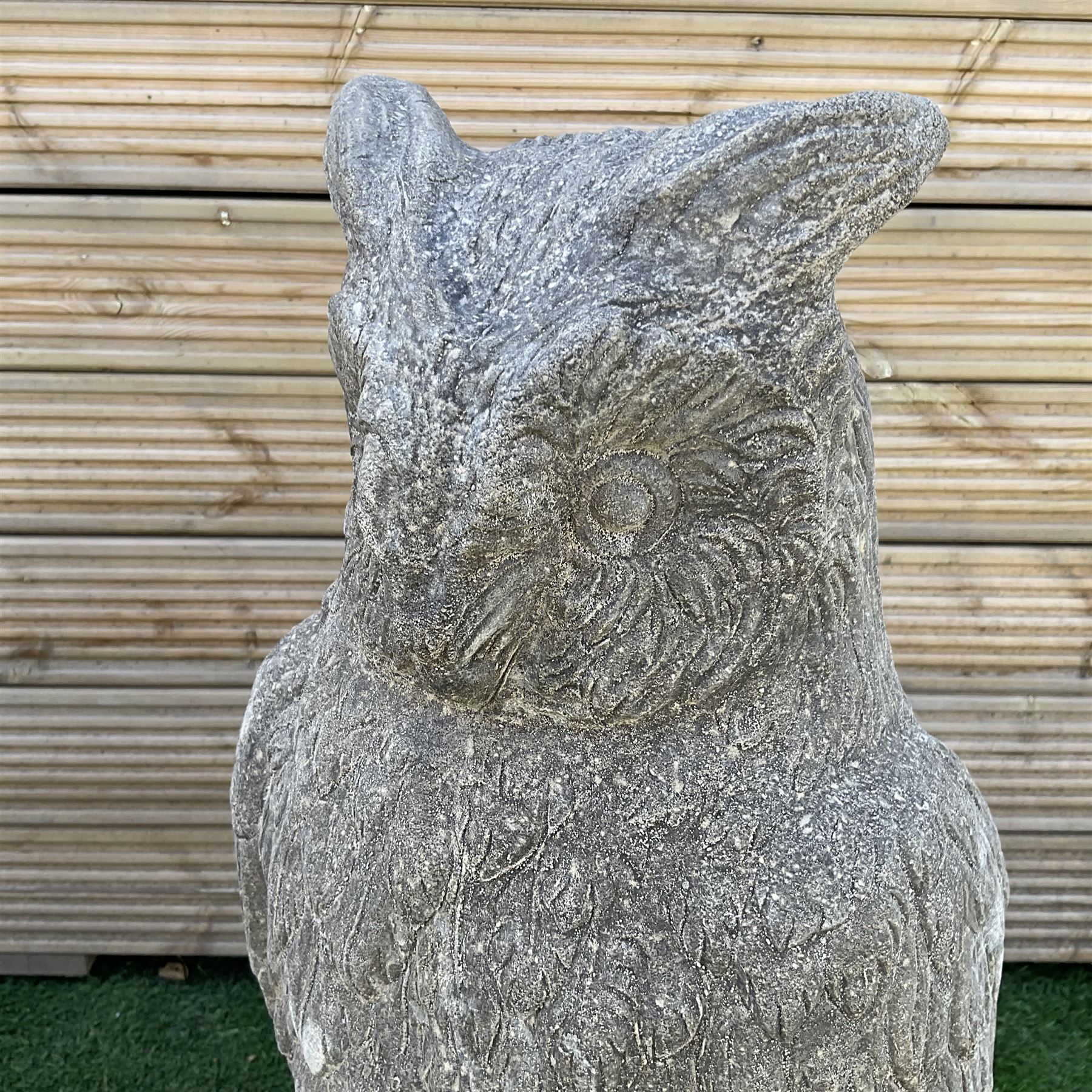 Pair of cast stone garden owls, D30, H70 - THIS LOT IS TO BE COLLECTED BY APPOINTMENT FROM DUGGLEBY STORAGE, GREAT HILL, EASTFIELD, SCARBOROUGH, YO11 3TX