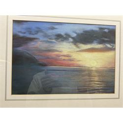 F Rooke (Contemporary): Scarborough North Bay at Sunset, pastel signed, together with another similar, max 28cm x 38cm (2)