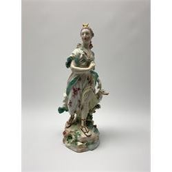 Mid 18th century Derby porcelain figure modelled as Dianna the Huntress, with quiver of arrows upon her back and dog by her side, upon a naturalistically modelled base, with patch marks beneath and collectors labels, H26cm