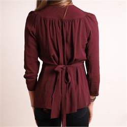 Prada - burgundy silk-blend blouse, with wide rounded collar, deep V-neck, long sleeves, gathered shoulders and waist, and self-tie belt, made in Italy, size IT 42