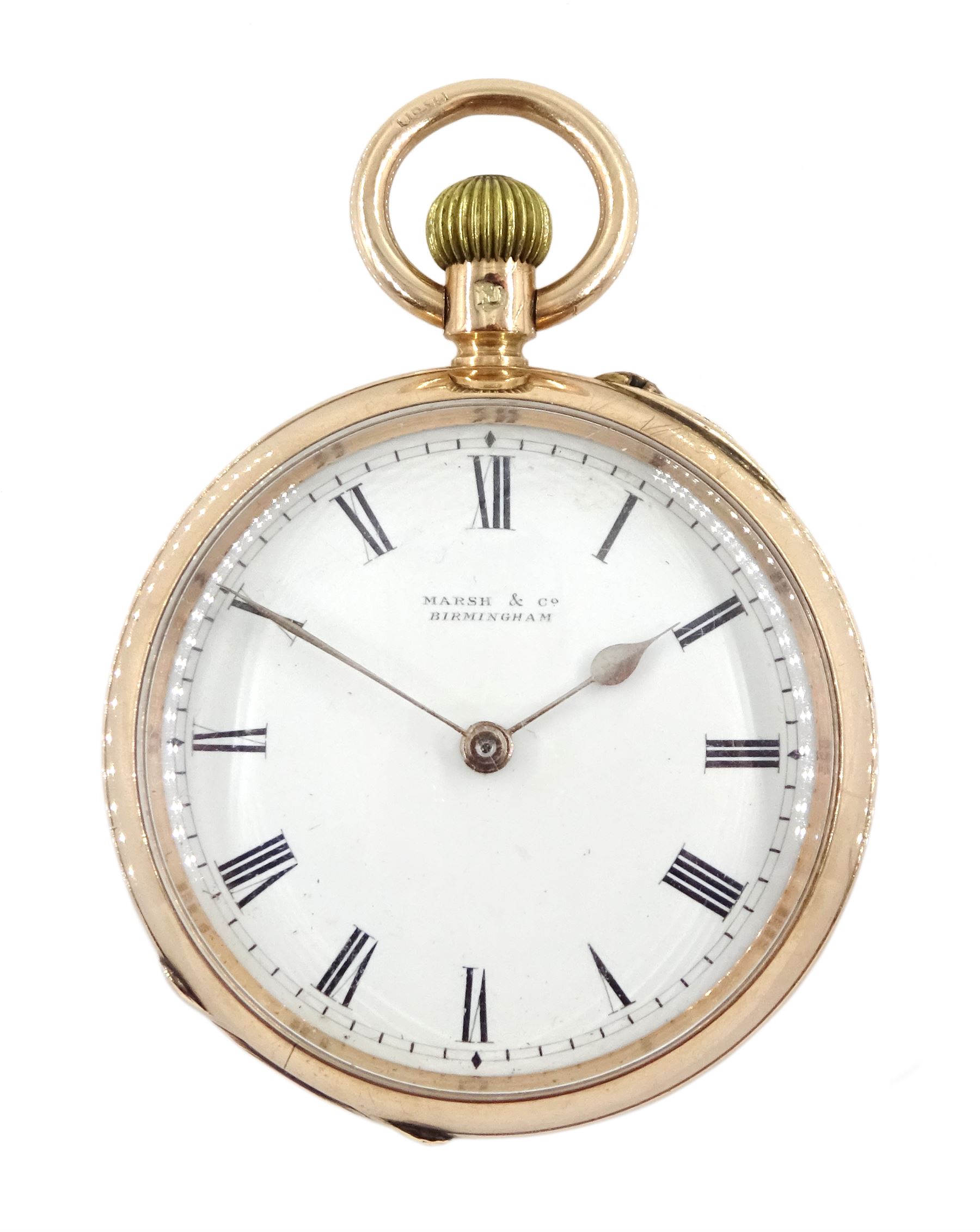 Edwardian 9ct rose gold open face, ladies keyless lever pocket watch by Marsh & Co, Birmingham, no. 1451, white enamel dial with Roman numerals, back case engraved with initials, case makers mark W.S, Chester 1902