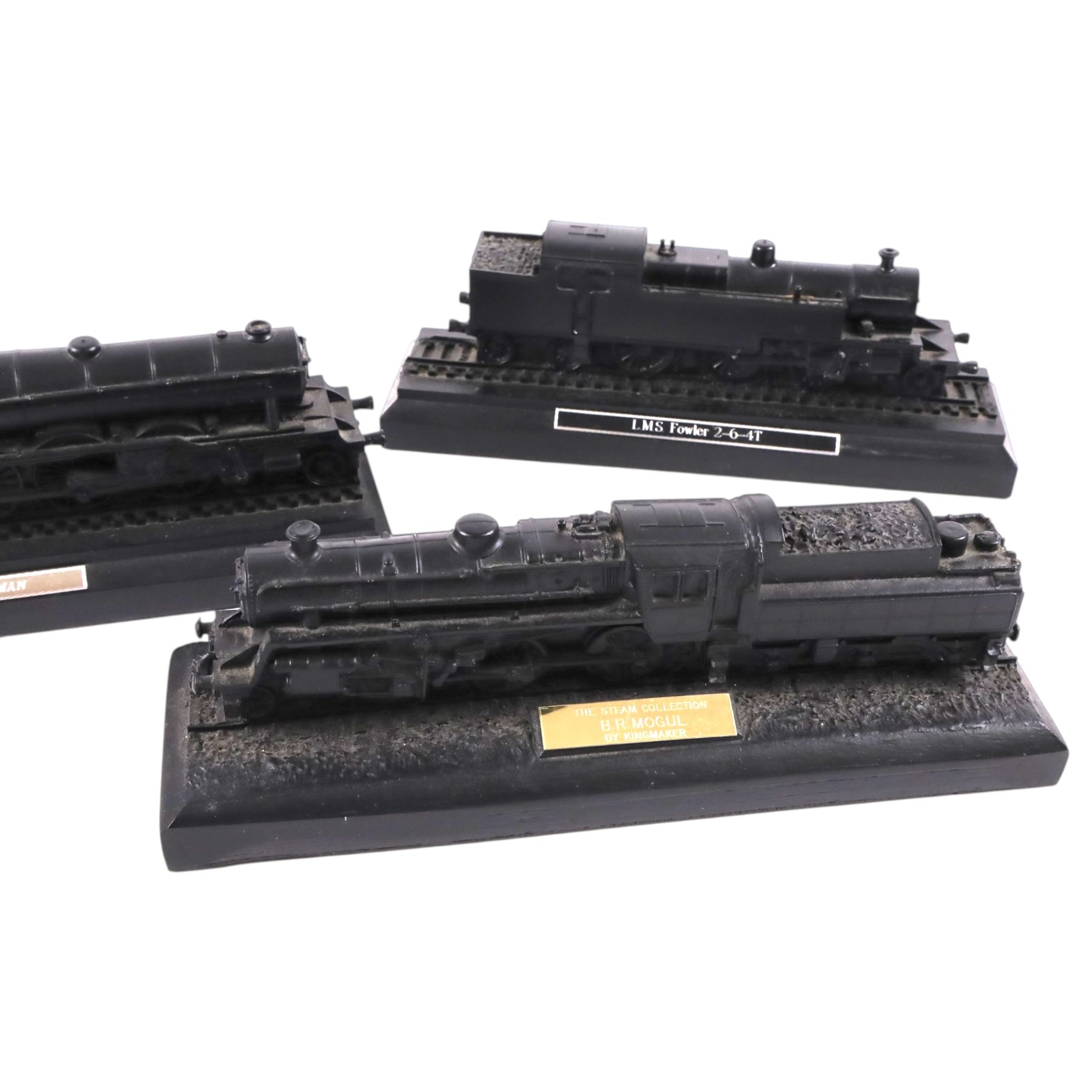 Six British coal models of trains, including Mallard, BR Mogul, Prairie Tank, etc