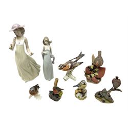 Lladro figure Ingenuine Woman no. 5487 (a/f), Nao figure, Goebel bird figure CV86 1967, Goebel Chaffinch 38023-06, Arden Scultpures robin figure group etc